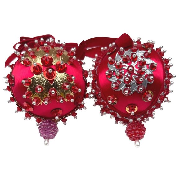 Vintage Red Satin Beaded Push Pin Christmas Ornament Handmade 2 Mid Century - Picture 1 of 12